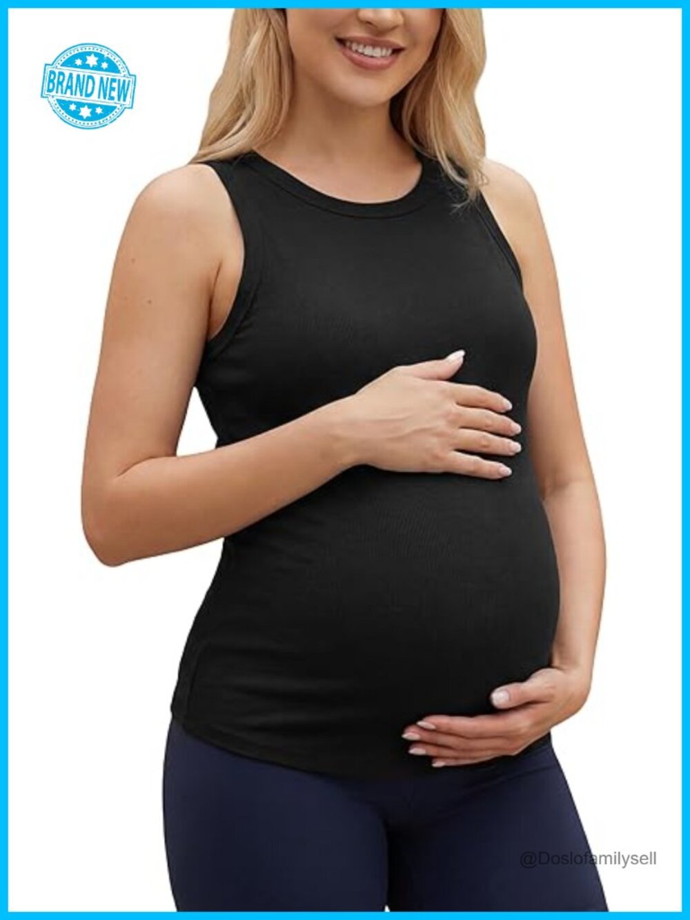Cotton Maternity Tank Top with Built in Bra Sleeveless Crewneck Ribbed Knit